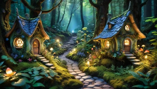 fairy village,fairy forest,fairy house,enchanted forest,forest path,fairytale forest,elven forest,house in the forest,fairy world,druid grove,wooden path,fantasy landscape,witch's house,forest glade,forest of dreams,fantasy picture,the mystical path,fairy door,pathway,cartoon forest,Photography,Artistic Photography,Artistic Photography 02