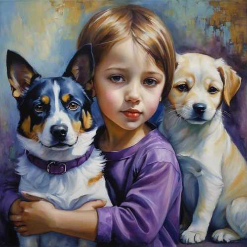 girl with dog,child portrait,oil painting on canvas,oil painting,jack russell,boy and dog,corgis,little boy and girl,jack russel,three dogs,color dogs,children,childs,jack russell terrier,little girls,art painting,dog breed,children girls,the pembroke welsh corgi,girl portrait,Illustration,Realistic Fantasy,Realistic Fantasy 30