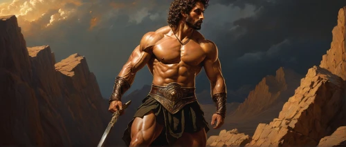 barbarian,biblical narrative characters,heroic fantasy,perseus,hercules,world digital painting,poseidon,cave man,greek god,the wanderer,guards of the canyon,male character,fantasy art,thymelicus,spartan,thracian,wind warrior,fantasy warrior,daemon,minotaur,Illustration,Realistic Fantasy,Realistic Fantasy 08