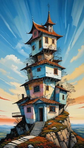 pagoda,stone pagoda,world digital painting,summit castle,asian architecture,bird tower,animal tower,rice mountain,tsukemono,japanese architecture,japanese background,ancient house,chinese temple,house of the sea,japan landscape,fortress,tower of babel,tower,lookout tower,floating island,Art,Artistic Painting,Artistic Painting 01