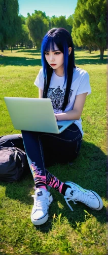 girl at the computer,girl studying,laptop,2d,holding ipad,hinata,playing outdoors,jeans background,azusa nakano k-on,anime girl,girl sitting,blue hair,in the park,blue shoes,laptop screen,computer addiction,ipad,sonoda love live,indigo,blue and white,Illustration,Realistic Fantasy,Realistic Fantasy 46