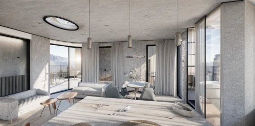 sky apartment,penthouse apartment,concrete ceiling,3d rendering,an apartment,loft,skyscapers,modern room,exposed concrete,interior modern design,apartment,render,shared apartment,sky space concept,core renovation,habitat 67,dunes house,modern kitchen interior,archidaily,daylighting