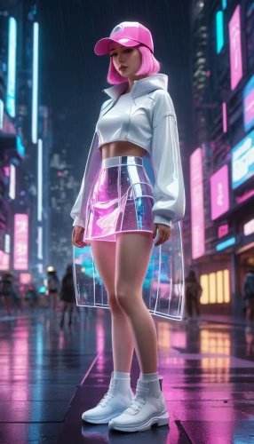 futuristic,80s,cyberpunk,llenn,3d render,pedestrian,neon light,neon lights,pink vector,80's design,3d figure,city trans,neon,skater,vapor,retro girl,cinema 4d,pink hat,electric scooter,neon ghosts,Unique,3D,3D Character