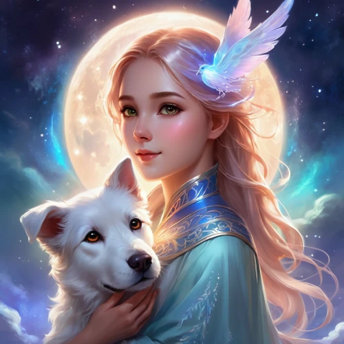 fantasy portrait,fairy tale character,fairy tale icons,fantasy picture,elsa,girl with dog,moon and star,luna,dog angel,fantasy art,mystical portrait of a girl,romantic portrait,white shepherd,fairytale characters,companion dog,custom portrait,fairy tale,a fairy tale,aurora,faerie,Illustration,Realistic Fantasy,Realistic Fantasy 01