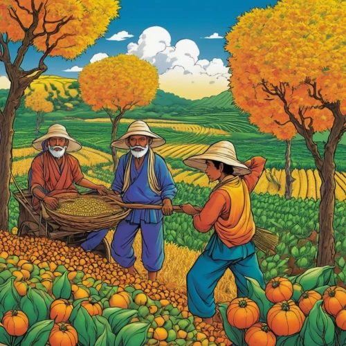 farm workers,pumpkin patch,farmworker,forest workers,harvest festival,agricultural,field cultivation,fruit fields,harvest,vietnam,mexican calendar,autumn pumpkins,farmers,agriculture,workers,khokhloma painting,harvested fruit,vegetables landscape,pumpkins,tangerines,Illustration,Japanese style,Japanese Style 11
