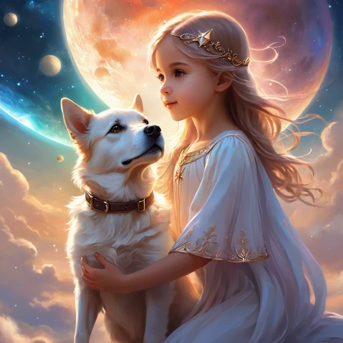 white shepherd,moon and star,girl with dog,fantasy picture,sun and moon,companion dog,boy and dog,fantasy portrait,the moon and the stars,fantasy art,dog angel,mystical portrait of a girl,moon and star background,luna,blue moon rose,constellation wolf,fairy tale,white dog,stars and moon,a fairy tale,Illustration,Realistic Fantasy,Realistic Fantasy 01