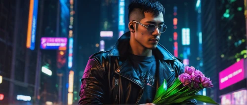 valerian,cyberpunk,florist gayfeather,yukio,florist,kahila garland-lily,ipê-purple,asian vision,cyber glasses,futuristic,cyber,neon human resources,ultraviolet,lyzz flowers,cinematic,neon lights,flower background,holding flowers,ten,matrix,Conceptual Art,Daily,Daily 19