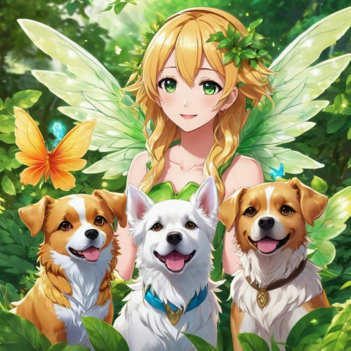 dog angel,fairies,corgis,lily family,daisy family,angel's trumpets,flower fairy,angels,spring leaf background,golden retriever,triplet lily,cg artwork,vanessa (butterfly),butterfly background,little angels,birthday banner background,daffodils,portrait background,spring background,easter banner,Illustration,Japanese style,Japanese Style 03