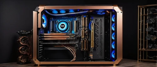 fractal design,barebone computer,pc,muscular build,copper frame,dark blue and gold,computer workstation,computer cooling,computer case,computer art,black and gold,one crafted,golden frame,pc tower,pro 50,gold lacquer,gold frame,compute,bamboo frame,old rig,Illustration,Realistic Fantasy,Realistic Fantasy 13