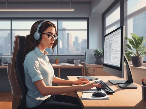 girl at the computer,blur office background,office worker,women in technology,modern office,girl studying,working space,work from home,telephone operator,switchboard operator,receptionist,office desk,wireless headset,place of work women,world digital painting,night administrator,in a working environment,white-collar worker,office automation,secretary,Conceptual Art,Fantasy,Fantasy 32