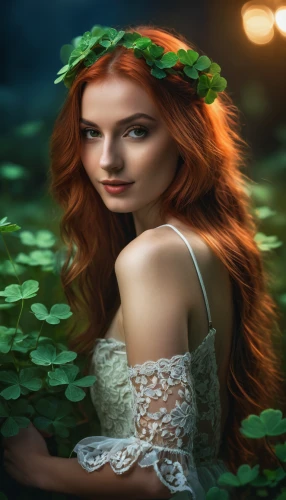 celtic woman,faery,poison ivy,faerie,fae,dryad,spring leaf background,merida,celtic queen,mystical portrait of a girl,background ivy,rusalka,romantic portrait,fantasy portrait,fantasy picture,redheads,fairy tale character,the enchantress,fairy forest,lily pad,Photography,General,Fantasy