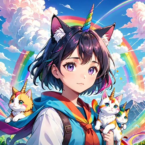 nyan,rainbow background,rainbow pencil background,unicorn and rainbow,unicorn background,rainbow and stars,colorful background,rainbow unicorn,rainbow rabbit,rainbow colors,prism,rainbow pattern,rainbow,rainbow clouds,cat child,background colorful,rainbow butterflies,rainbow color palette,rainbow tags,portrait background,Anime,Anime,Realistic