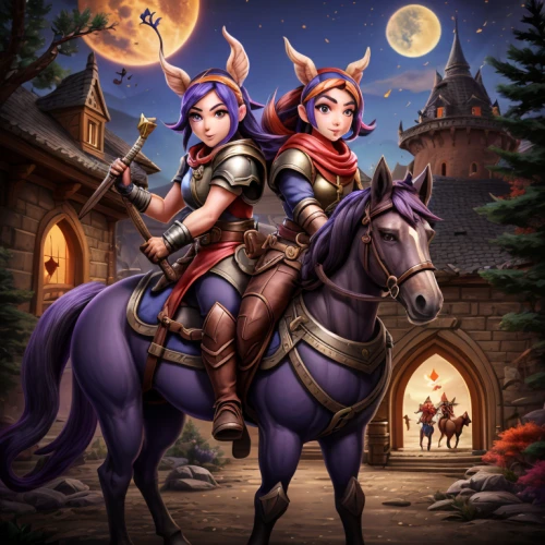 horse riders,game illustration,massively multiplayer online role-playing game,horseback,bremen town musicians,unicorn background,fantasy picture,riding lessons,sterntaler,equestrianism,horseback riding,two-horses,celebration of witches,dusk background,scandia gnomes,witch's hat icon,elves,fairy tale icons,endurance riding,knight village