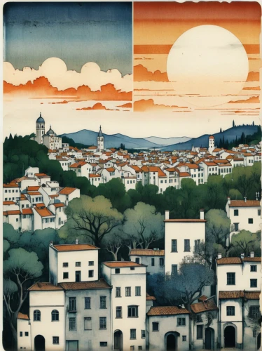 travel poster,cool woodblock images,houses clipart,pinsa,spa town,townscape,woodblock prints,escher village,olle gill,asturias,braque d'auvergne,villages,llanes,provencal life,basque country,mauriac,toledo,vintage art,houses silhouette,city scape,Photography,Documentary Photography,Documentary Photography 03