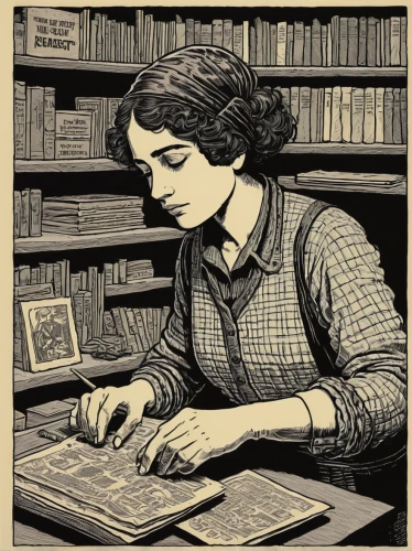librarian,digitization of library,the girl studies press,women's novels,vintage illustration,book illustration,cool woodblock images,bookselling,digitizing ebook,bookplate,comic halftone woman,publish a book online,girl studying,girl at the computer,author,woodcut,bookkeeper,writing-book,typewriting,correspondence courses,Illustration,Vector,Vector 15