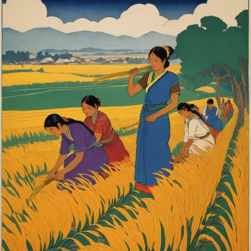 rice cultivation,barley cultivation,cereal cultivation,field cultivation,cool woodblock images,travel poster,ricefield,paddy harvest,the rice field,rice fields,yamada's rice fields,agriculture,cultivated field,wheat crops,rice field,agricultural,picking vegetables in early spring,woodblock prints,grain harvest,indian art,Illustration,Japanese style,Japanese Style 21
