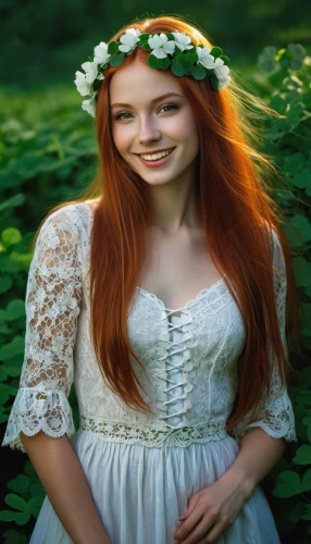 celtic woman,beautiful girl with flowers,girl in flowers,mystical portrait of a girl,redheads,orange blossom,girl in the garden,romantic portrait,girl in a wreath,faerie,ginger rodgers,flower girl,portrait photographers,flower crown,girl in a long dress,faery,portrait photography,red-haired,celtic queen,fae,Illustration,American Style,American Style 07
