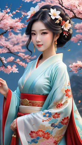 hanbok,geisha girl,japanese sakura background,plum blossoms,geisha,oriental princess,plum blossom,japanese floral background,korean culture,japanese art,oriental girl,sakura background,spring festival,japanese woman,mukimono,oriental painting,mulan,sakura blossom,chinese art,japanese culture,Illustration,Realistic Fantasy,Realistic Fantasy 01