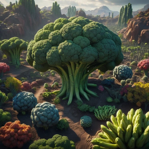 vegetables landscape,mushroom landscape,broccoli,vegetable field,mushroom island,brocoli broccolli,cacti,broccoflower,vegetable garden,brassica,cactus apples,a vegetable,vegetable,green dragon vegetable,cruciferous vegetables,dragon tree,romanesco,cactus,wild cabbage,desert plants,Photography,General,Sci-Fi