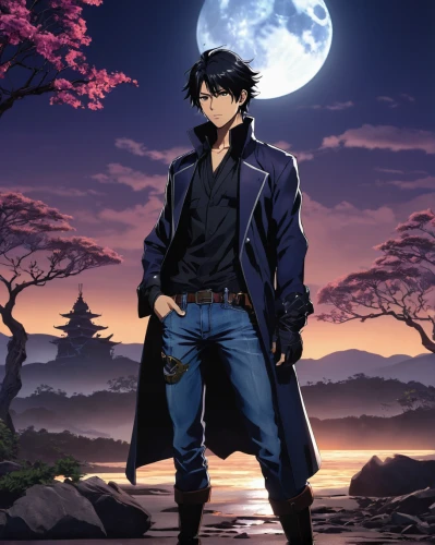 anime japanese clothing,yukio,swordsman,hamearis lucina,dusk background,violinist violinist of the moon,midnight blue,stylish boy,howl,rottweiler,anime 3d,king of the ravens,fighting stance,ren,dark blue sky,would a background,male character,meteora,morgan,kado,Photography,Artistic Photography,Artistic Photography 03