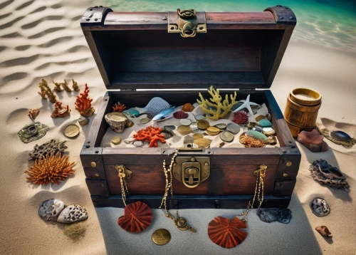 treasure chest,pirate treasure,treasures,trinkets,eight treasures,tackle box,treasure,treasure house,music chest,treasure hunt,sand timer,collected game assets,beachcombing,gift of jewelry,treasure map,fruits of the sea,christopher columbus's ashes,precious stones,flotsam and jetsam,exploration of the sea,Unique,Design,Knolling