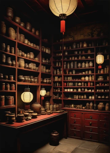 apothecary,china cabinet,japanese-style room,pantry,traditional chinese medicine,junshan yinzhen,consulting room,candlemaker,brandy shop,storage-jar,study room,cupboard,kitchen shop,japanese lamp,danish room,pharmacy,dolls houses,antique background,soap shop,antiquariat,Illustration,Black and White,Black and White 22
