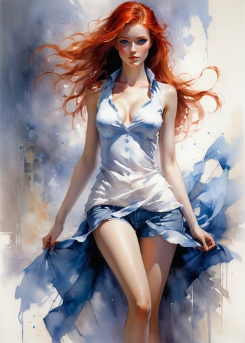 red-haired,fashion illustration,fantasy art,redhead doll,red head,watercolor pin up,redheads,the sea maid,clary,world digital painting,girl in a long,redheaded,mystical portrait of a girl,a girl in a dress,young woman,redhead,art painting,white blue red,pinup girl,fantasy portrait,Conceptual Art,Oil color,Oil Color 03