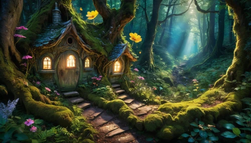 fairy house,house in the forest,fairy forest,fairy village,fairytale forest,fairy door,enchanted forest,tree house,fairy world,elven forest,witch's house,dandelion hall,forest path,treehouse,fantasy landscape,fairy tale,fantasy picture,children's fairy tale,fairytale,wooden path,Photography,Artistic Photography,Artistic Photography 08