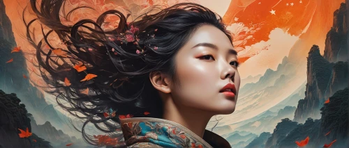chinese art,geisha girl,oriental painting,mulan,geisha,oriental girl,oriental princess,world digital painting,japanese art,asian woman,rosa ' amber cover,oriental,flame spirit,fire artist,fantasy portrait,fire siren,sci fiction illustration,mystical portrait of a girl,japanese woman,han thom,Photography,General,Fantasy