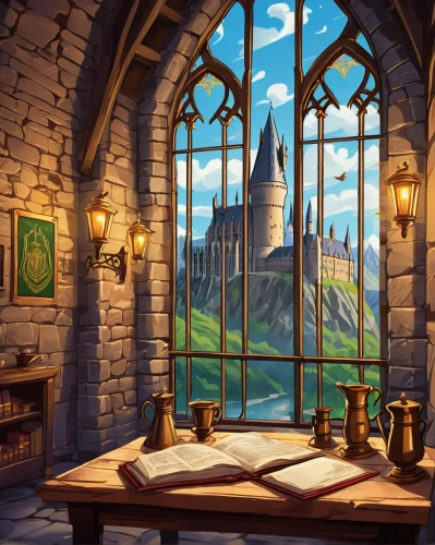 hogwarts,fairy tale castle,castle windows,fairytale castle,backgrounds,castle iron market,fantasy landscape,medieval architecture,potions,castles,3d fantasy,hamelin,knight's castle,study room,castle of the corvin,disney castle,medieval castle,background images,fantasy picture,hobbiton,Illustration,Japanese style,Japanese Style 06