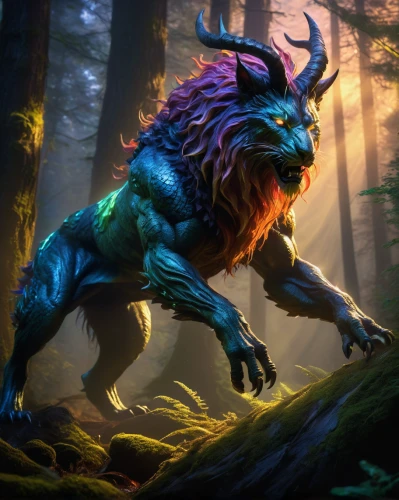 forest dragon,forest king lion,forest animal,druid,cynorhodon,gryphon,uintatherium,fantasy art,fantasy picture,mythical creature,minotaur,faun,painted dragon,aglais,woodland animals,howling wolf,werewolves,trioceros,predation,wyrm,Illustration,Realistic Fantasy,Realistic Fantasy 32