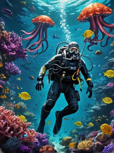 scuba,scuba diving,aquanaut,underwater background,under sea,underwater diving,deep sea diving,undersea,marine biology,sea life underwater,under the sea,coral guardian,sea-life,marine animal,deep sea,underwater landscape,aquarium,aquarium inhabitants,marine life,aquatic life,Conceptual Art,Sci-Fi,Sci-Fi 06