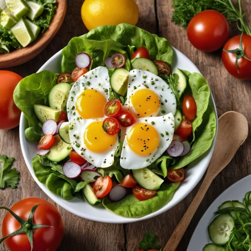 salad niçoise,insalata caprese,spinach salad,cobb salad,mediterranean diet,greek salad,egg tray,salad plate,caprese salad,egg dish,avocado salad,israeli salad,green salad,salad platter,saladitos,caprese,egg sunny-side up,egg sunny side up,cut salad,eggs in a basket,Photography,General,Realistic