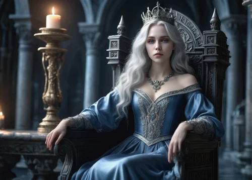 queen cage,blue enchantress,winterblueher,the throne,celtic queen,ice queen,throne,thrones,fantasy portrait,priestess,elsa,fantasy picture,the snow queen,white rose snow queen,crown render,queen s,regal,fantasy art,queen of the night,elven,Illustration,Realistic Fantasy,Realistic Fantasy 19