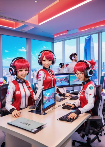e-sports,women in technology,call center,lan,call centre,headset,kai-lan,receptionists,computer room,bot training,lures and buy new desktop,office automation,money heist,gamer zone,headsets,kosmea,headset profile,creative office,koreatea,blur office background,Illustration,Japanese style,Japanese Style 02