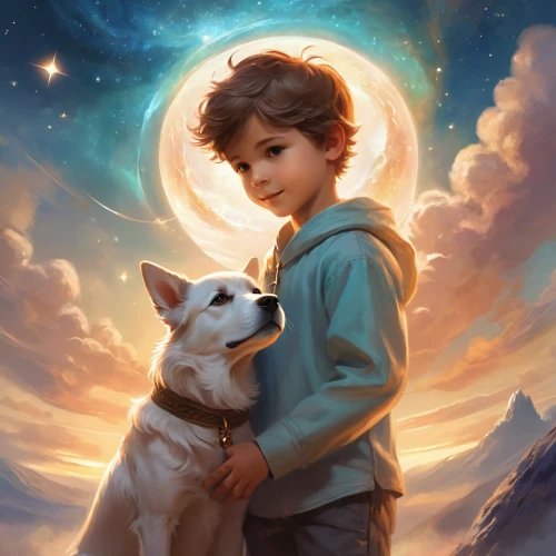 boy and dog,companion dog,girl with dog,kid dog,dog illustration,children's background,child portrait,kids illustration,mans best friend,sun and moon,human and animal,moon and star,little boy and girl,dog and cat,companion,my dog and i,fantasy portrait,the dog a hug,puppy pet,canine,Illustration,Realistic Fantasy,Realistic Fantasy 01