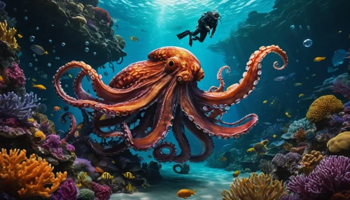 octopus,fun octopus,kraken,cephalopod,octopus tentacles,giant pacific octopus,pink octopus,under sea,octopus vector graphic,cephalopods,calamari,deep sea,undersea,coral guardian,sea-life,the bottom of the sea,under the sea,sea animal,marine biology,bottom of the sea,Art,Classical Oil Painting,Classical Oil Painting 28