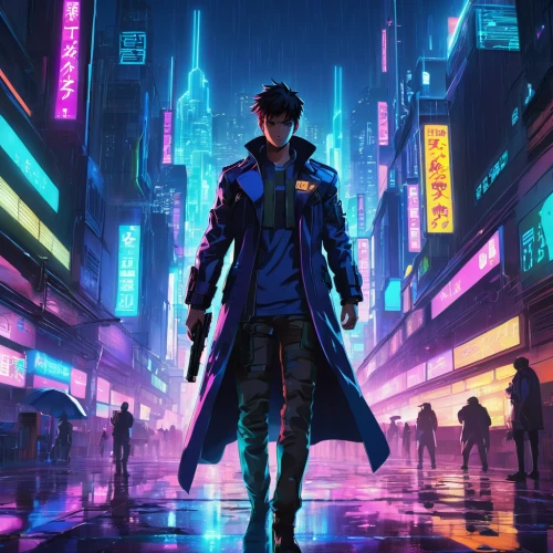 cyberpunk,sci fiction illustration,kowloon,game illustration,blue rain,yukio,dystopian,game art,hk,cg artwork,hong kong,shinjuku,shanghai,the wanderer,pandemic,would a background,hong,walking in the rain,wanderer,cyber,Illustration,Japanese style,Japanese Style 03