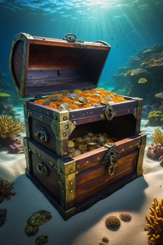 treasure chest,tackle box,pirate treasure,steamer trunk,cube sea,pallet doctor fish,ocean pollution,reef tank,underwater background,collected game assets,marine tank,flotsam and jetsam,fish tank,attache case,treasure house,under sea,seabed,sunken boat,cashbox,boxfishes and trunkfish,Illustration,Retro,Retro 26