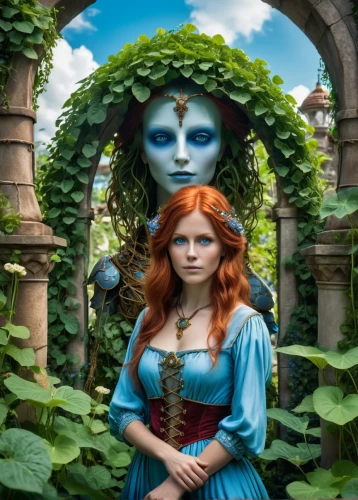 merida,cinderella,fairy tale character,celtic woman,alice in wonderland,fantasy portrait,cosplay image,fantasy picture,secret garden of venus,girl in the garden,fairytale characters,garden statues,the enchantress,rusalka,gothic portrait,digital compositing,fairy tale castle sigmaringen,disney character,alice,celtic queen