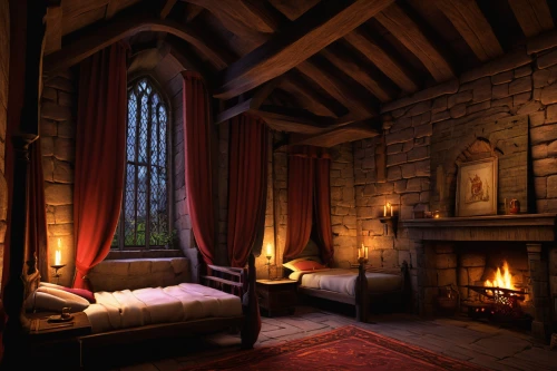 fireplaces,fireplace,four-poster,fire place,sleeping room,four poster,warm and cozy,ornate room,great room,guest room,wooden beams,wooden windows,log fire,hobbiton,rooms,guestroom,fairy tale castle,fireside,wade rooms,lodge,Art,Classical Oil Painting,Classical Oil Painting 21