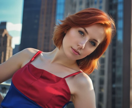 redhair,flatiron,red-haired,red head,redheaded,redhead,red hair,redheads,chrysler building,ginger rodgers,flatiron building,on the roof,red and blue,girl in red dress,redhead doll,red dress,female model,sarah,red russian,portrait photography,Photography,General,Realistic