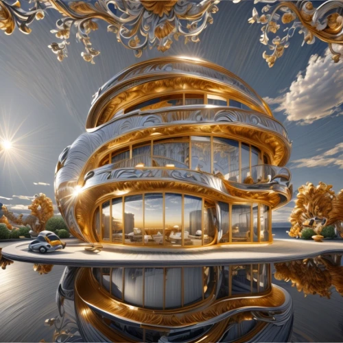 futuristic architecture,sky space concept,futuristic landscape,panoramical,futuristic art museum,the golden pavilion,3d rendering,golden pavilion,solar cell base,musical dome,3d bicoin,jewelry（architecture）,chinese architecture,hall of supreme harmony,crown render,floating island,roof domes,fractalius,gold foil tree of life,marble palace