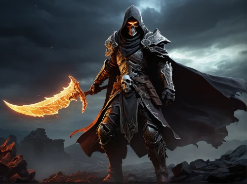 hooded man,grimm reaper,massively multiplayer online role-playing game,dodge warlock,assassin,reaper,grim reaper,templar,cloak,death god,scythe,undead warlock,hooded,twitch logo,cleanup,awesome arrow,assassins,dane axe,fire background,mage,Art,Classical Oil Painting,Classical Oil Painting 32