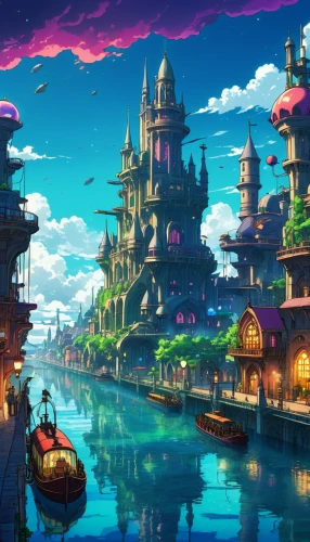 fantasy city,fantasy world,fantasy landscape,ancient city,3d fantasy,harbor,aurora village,colorful city,floating islands,water castle,sea fantasy,dream world,fantasia,fantasy art,fantasy picture,airships,vinpearl land,cartoon video game background,fairy world,fishing village,Illustration,Japanese style,Japanese Style 03