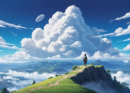 cloud mountain,above the clouds,studio ghibli,cloud mountains,blue sky and clouds,cloud play,blue sky clouds,skyland,high landscape,sea of clouds,mountain world,hot-air-balloon-valley-sky,violet evergarden,about clouds,clouds - sky,cloud towers,single cloud,sky,high mountains,cloud,Illustration,Japanese style,Japanese Style 14