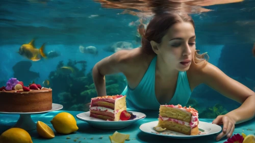 underwater background,cake buffet,conceptual photography,digital compositing,photoshop manipulation,birthday template,photo manipulation,birthday background,surrealism,birthdays,photomanipulation,cake shop,birthday cake,woman eating apple,birthday party,food styling,mermaid background,image manipulation,thirteen desserts,photoshop creativity,Photography,Artistic Photography,Artistic Photography 01