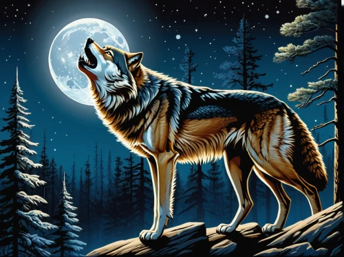 howling wolf,constellation wolf,european wolf,wolfdog,canis lupus,werewolves,werewolf,gray wolf,wolf,canidae,howl,red wolf,wolves,wolf hunting,canis lupus tundrarum,full moon,saarloos wolfdog,wolfman,coyote,dog illustration,Illustration,Retro,Retro 24