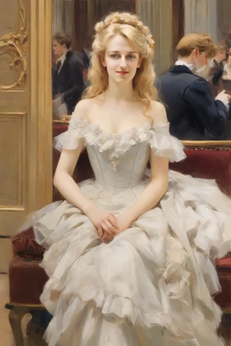 portrait of a girl,young woman,orsay,blonde woman,debutante,a girl in a dress,bougereau,girl in a long dress,young lady,woman sitting,la violetta,girl in a historic way,portrait of a woman,ball gown,girl in a wreath,ethel barrymore - female,spectator,blonde in wedding dress,white lady,cinderella