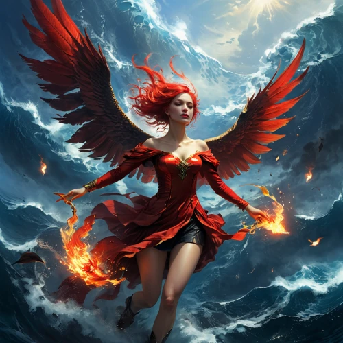 fire angel,fire siren,flame spirit,phoenix,firebird,fantasy art,phoenix rooster,pillar of fire,flame of fire,harpy,archangel,winged heart,fantasy picture,fire birds,sirens,transistor,fiery,angelology,siren,the zodiac sign pisces,Conceptual Art,Fantasy,Fantasy 11